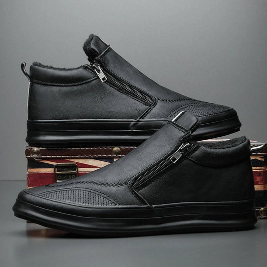 Men’s Leather Sneakers – Mid Top – Sleek Fit – Side Zip – Breathable Lining