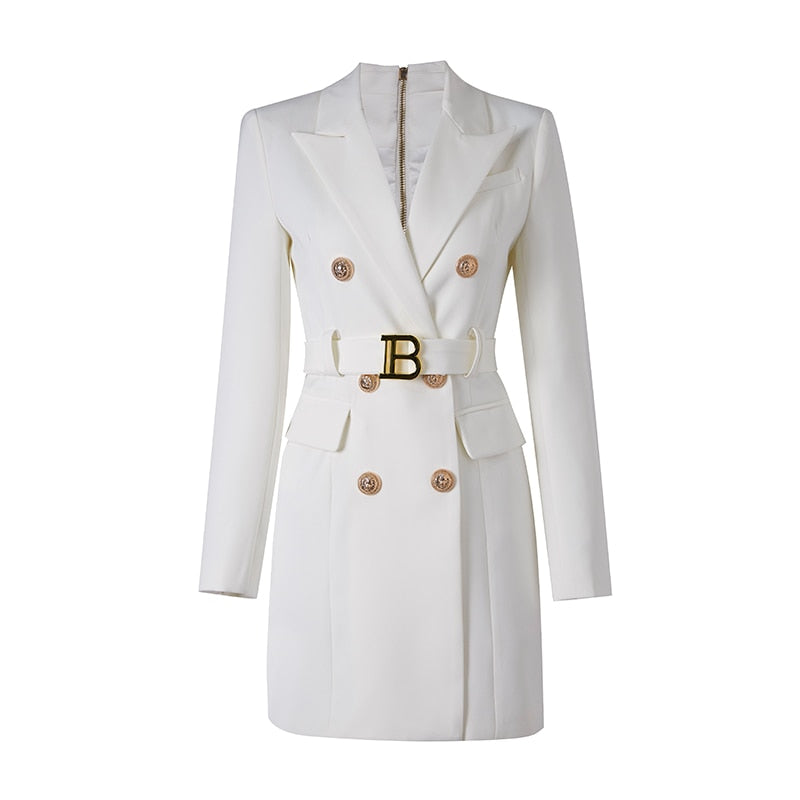 Women's Blazer Dress - Tailored Fit - Double Breasted - Waist Belt - Mini Length
