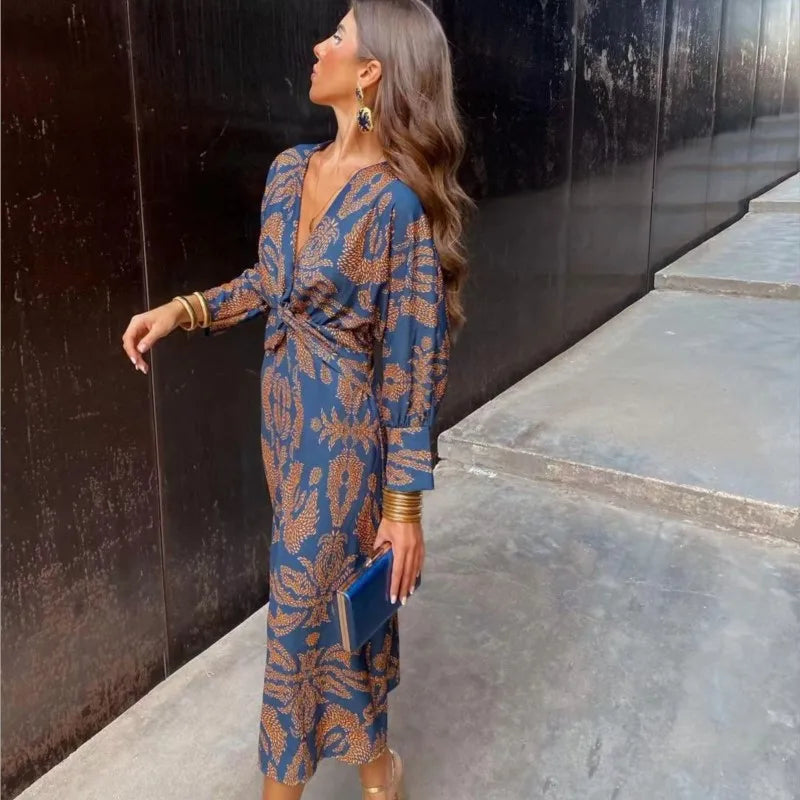 Women's Midi Wrap Dress - V-Neck - Long Sleeve - Elegant Pattern - Adjustable Fit