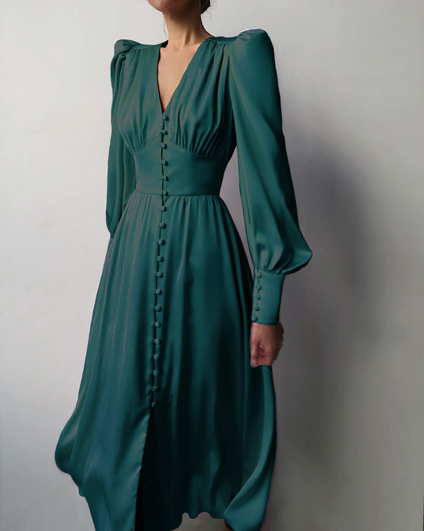 Women's Midi Dress - Satin Finish - V-Neck - Puff Sleeve - Button Front Elegant Fit