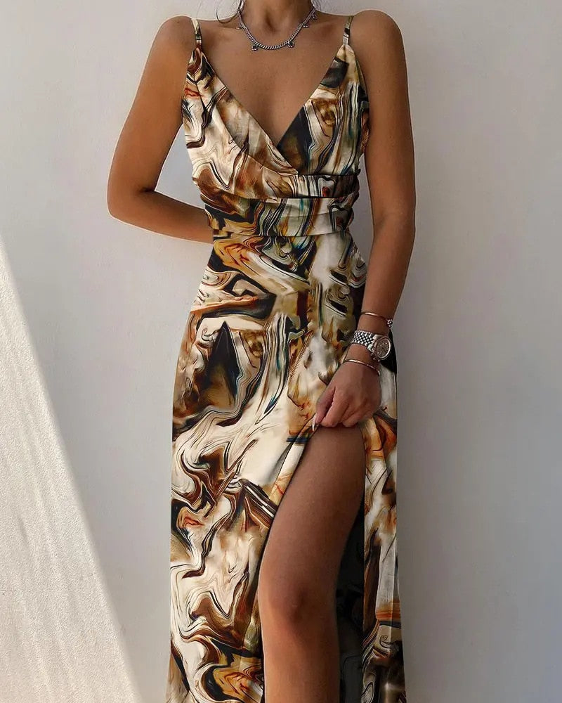 Deep V-Neck Ruched Slit Dress