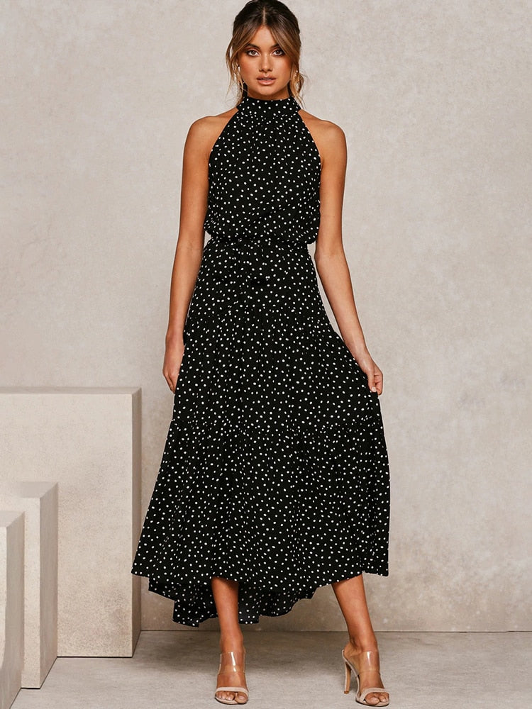 Women's Halter Midi Dress - Polka Dot Print - Fit-and-Flare - Waist Tie - Flowy