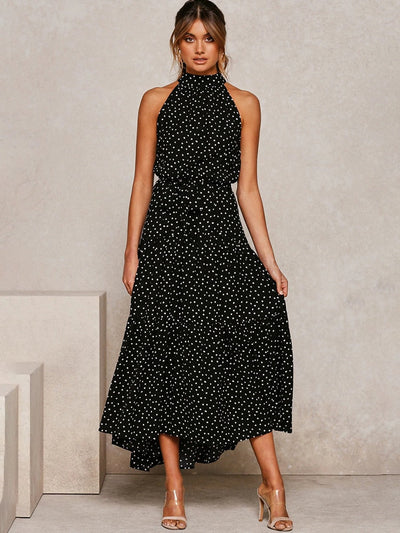 Women's Halter Midi Dress - Polka Dot Print - Fit-and-Flare - Waist Tie - Flowy