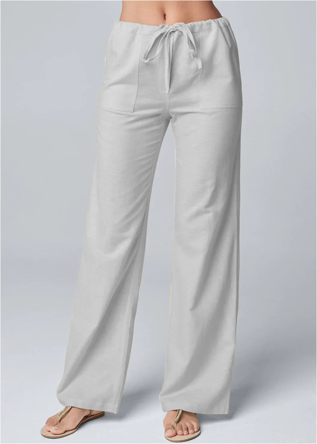 Women’s Wide-Leg Trousers – Cotton Linen Blend – High Waist – Drawstring Waistband