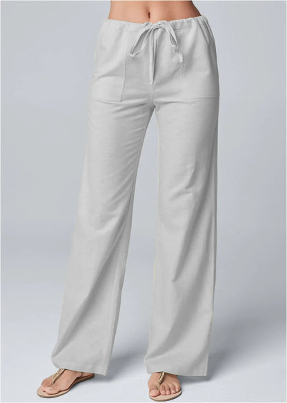 Women’s Wide-Leg Trousers – Cotton Linen Blend – High Waist – Drawstring Waistband