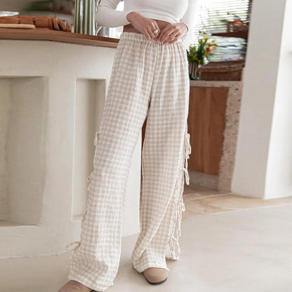 Women’s Wide Leg Trousers – 100% Cotton – Relaxed Fit – Checkered – Elastic Waist – Side Ties