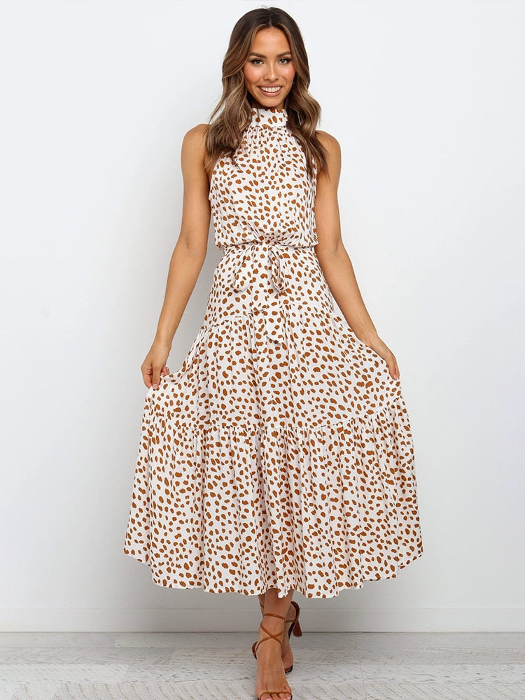 Women's Halter Midi Dress - Polka Dot Print - Fit-and-Flare - Waist Tie - Flowy