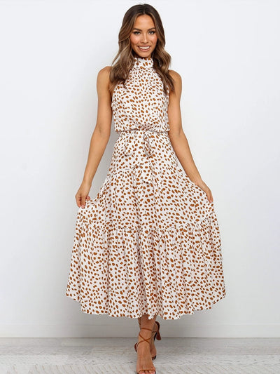 Women's Halter Midi Dress - Polka Dot Print - Fit-and-Flare - Waist Tie - Flowy