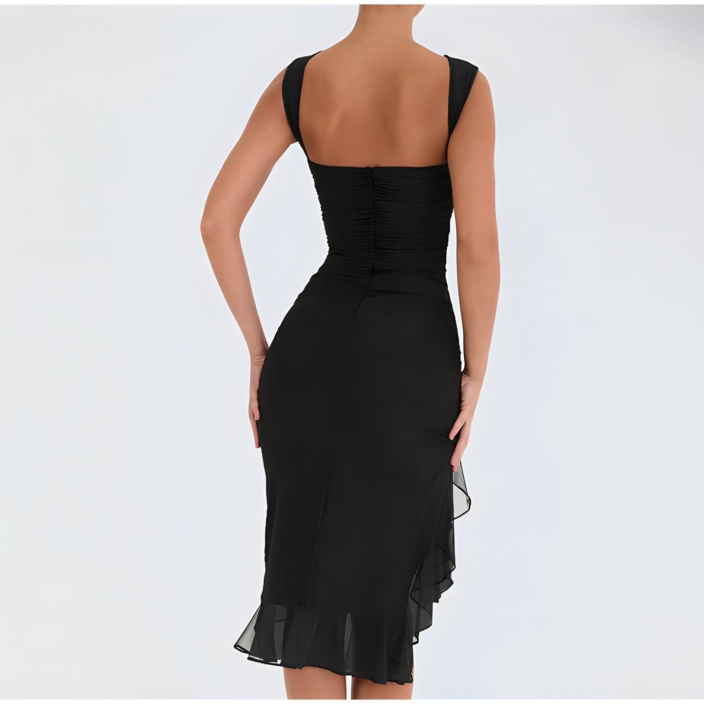 Women's Sleeveless Cocktail Dress - Ruched Bodycon Fit - Asymmetrical Ruffle Hem
