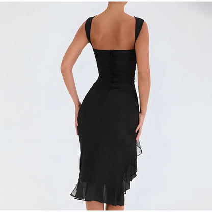 Women's Sleeveless Cocktail Dress - Ruched Bodycon Fit - Asymmetrical Ruffle Hem