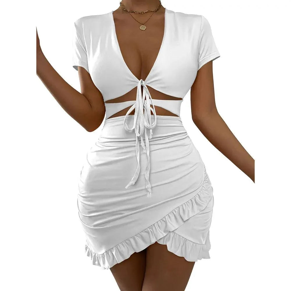 Women's Bodycon Dress - Deep V-Neck - Short Sleeve - Cut-Out Waist - Ruched Mini Skirt