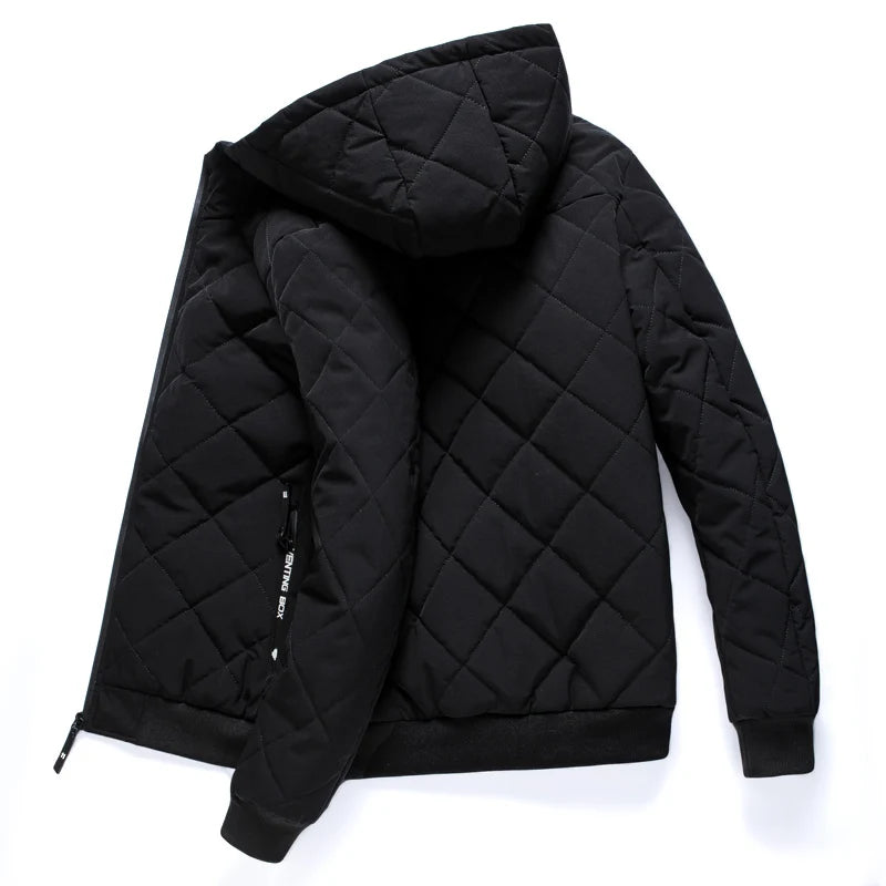 Men’s Quilted Jacket - Hooded - Diamond Stitch - Ribbed Cuffs & Hem - Zipped Pockets