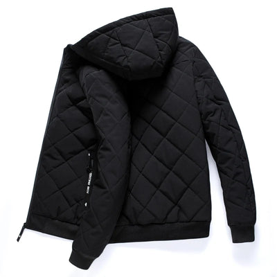 Men’s Quilted Jacket - Hooded - Diamond Stitch - Ribbed Cuffs & Hem - Zipped Pockets