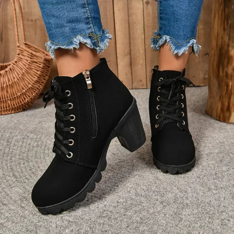 Women's High Heel Ankle Boots with Lace-Up Closure