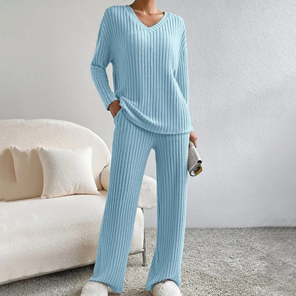 Women's Ribbed Knit Loungewear Set - V-Neck Sweater & Wide-Leg Trousers - Soft Stretch Fabric