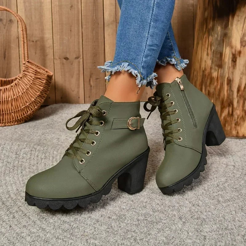 Women's High Heel Ankle Boots with Lace-Up Closure