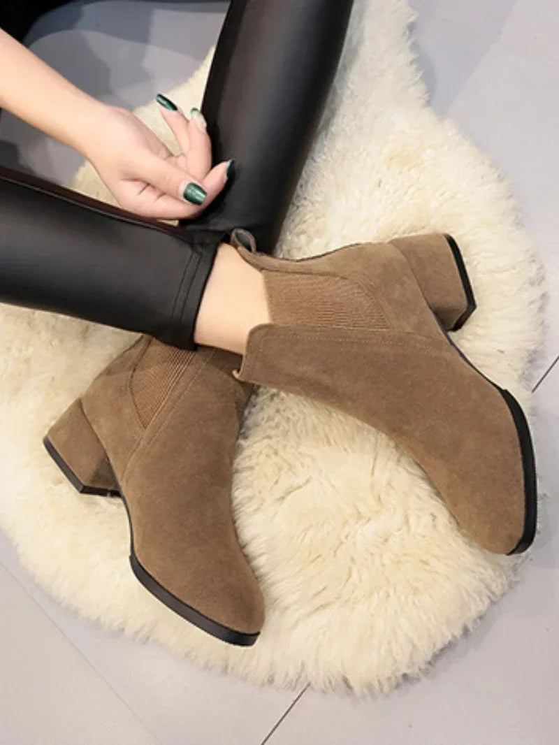 Women’s Ankle Boots – Suede-Like Finish – Square Heel – Slip-On Stretch Panel