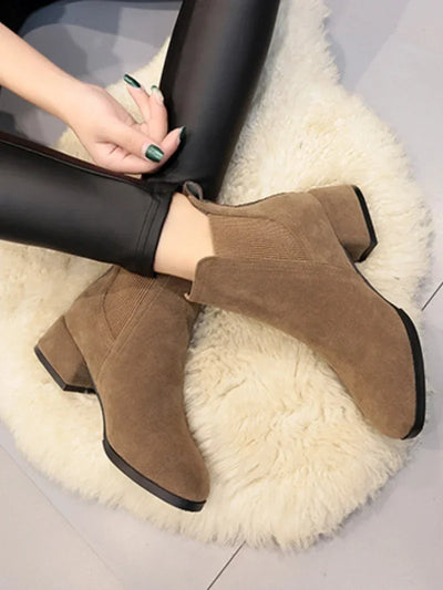 Women’s Ankle Boots – Suede-Like Finish – Square Heel – Slip-On Stretch Panel