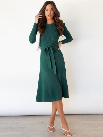 Women's Knit Midi Dress - Fit and Flare - Long Sleeve - Round Neck - Tie Waist Elegant Wear