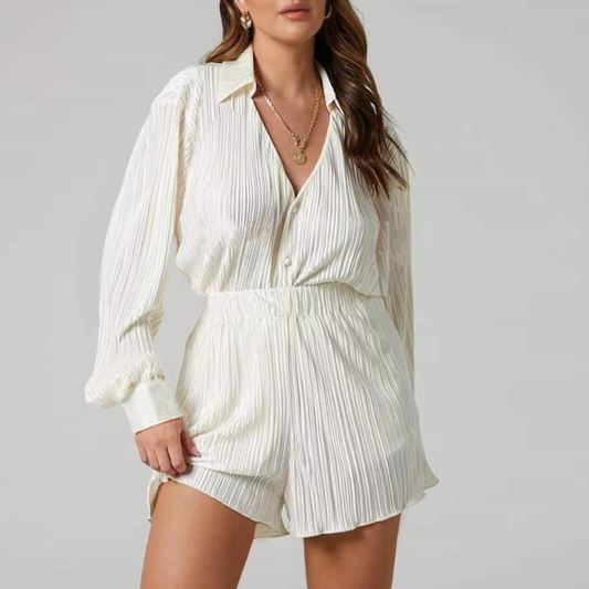 Women's Pleated Shirt Dress - Button Down - Long Sleeve - Relaxed Fit Elegant Style