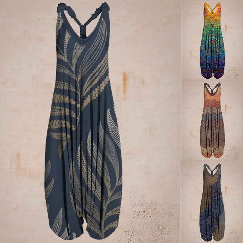 Women's Bohemian Jumpsuit - Halter Neck - Loose Fit - Harem Style - Full Length