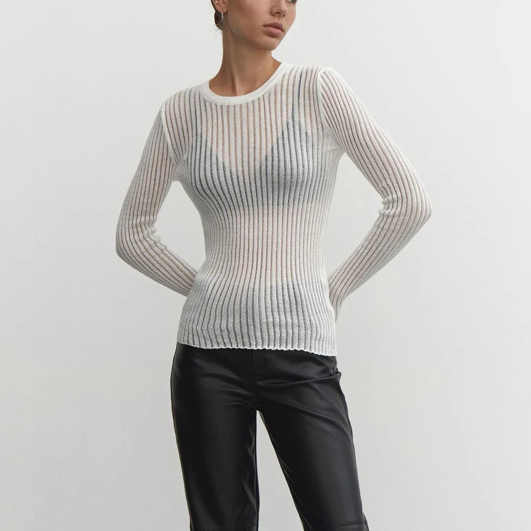 Women's transparent mesh long sleeve ribbed top