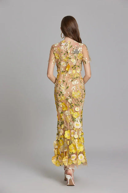 Women’s Maxi Dress – Fitted Silhouette – Sheer Mesh – Floral Embroidered Detail