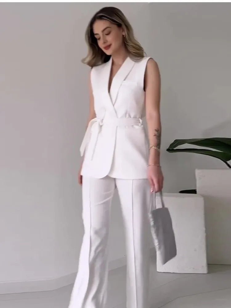 Women's Sleeveless Blazer Suit - Tailored Fit - V-Neck - High-Waisted Trousers - Belted Waist