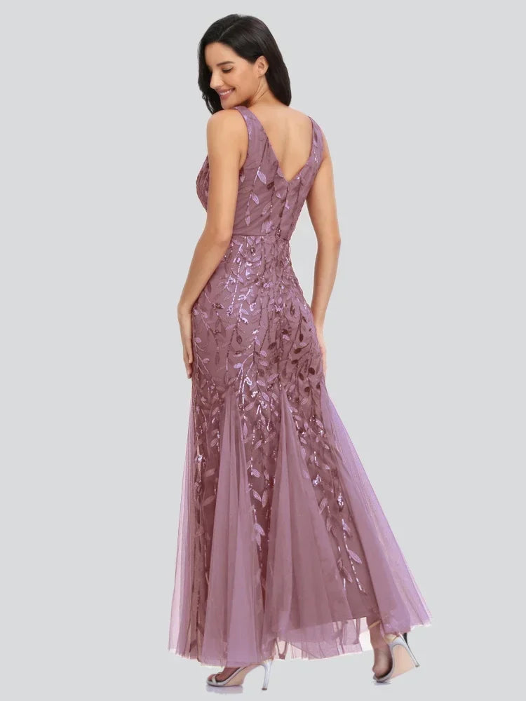 Women's Evening Prom Gown - Sleeveless V-Neck - Sequin Embellished - Floor-Length Elegant Fit