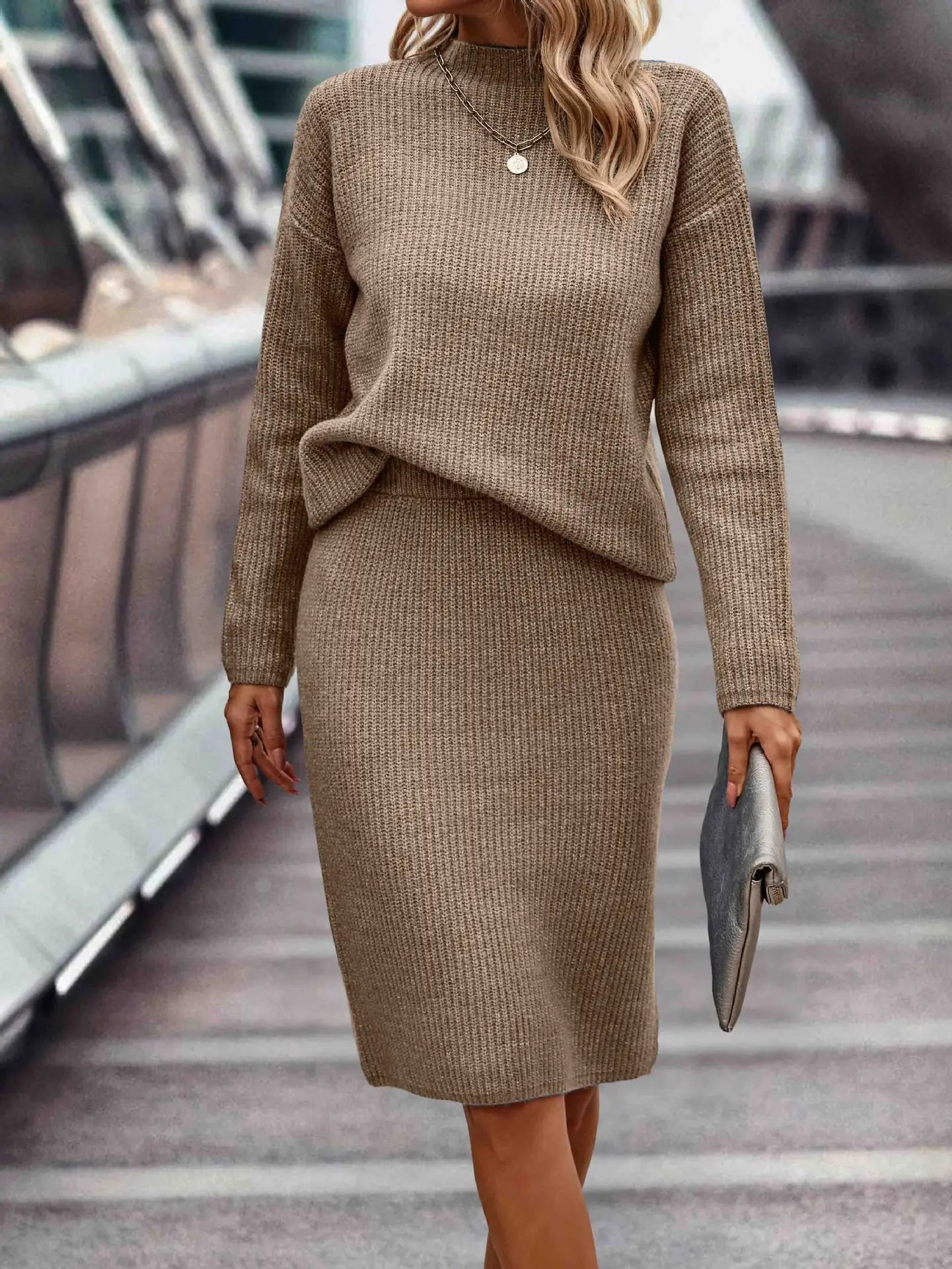 Women's Knitted Sweater and Skirt Set - High Neck - Long Sleeve - Fitted Pencil Skirt