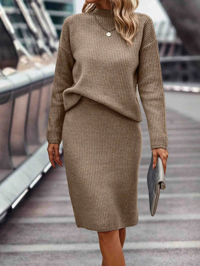 Women's Knitted Sweater and Skirt Set - High Neck - Long Sleeve - Fitted Pencil Skirt
