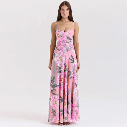 Women's Maxi Dress - Spaghetti Strap - Floral Print - Elegant Flowy Formal Wear