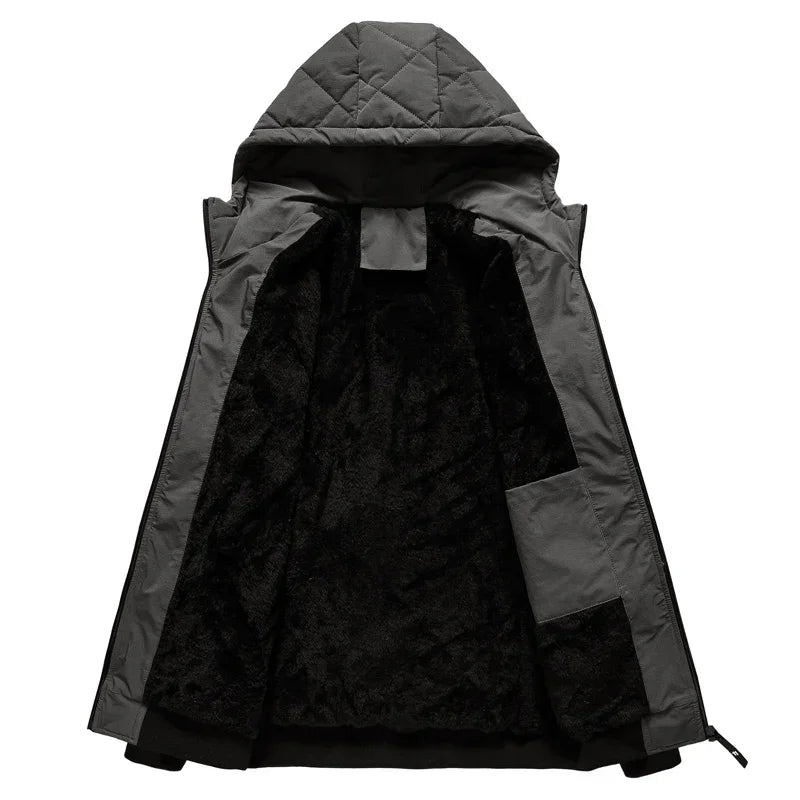 Men’s Quilted Jacket - Hooded - Diamond Stitch - Ribbed Cuffs & Hem - Zipped Pockets
