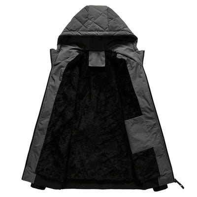 Men’s Quilted Jacket - Hooded - Diamond Stitch - Ribbed Cuffs & Hem - Zipped Pockets