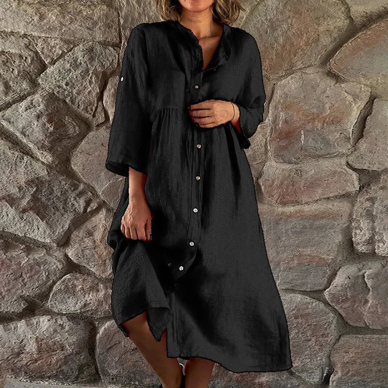 Women's Button-Down Midi Dress - Relaxed Fit - Long Sleeve - Flowing Silhouette