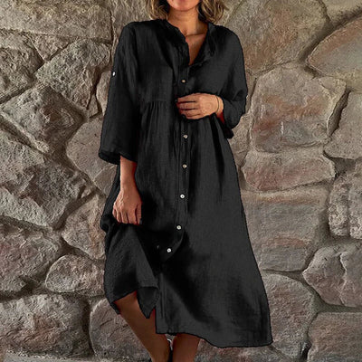Women's Button-Down Midi Dress - Relaxed Fit - Long Sleeve - Flowing Silhouette