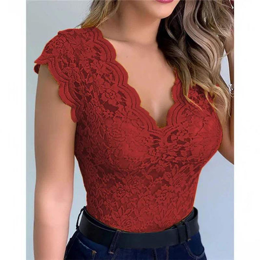 Women's Lace Bodysuit - Floral Pattern - Plunging V-Neck - Cap Sleeves - Fitted Elegant Wear