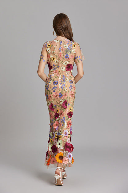 Women’s Maxi Dress – Fitted Silhouette – Sheer Mesh – Floral Embroidered Detail