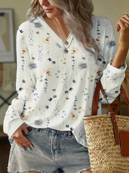Women's V-Neck Floral Blouse - Elegant and Lightweight