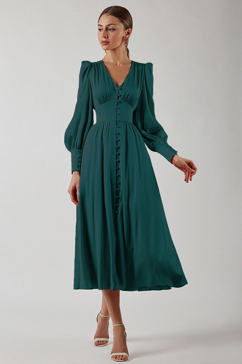 Women's Midi Dress - Satin Finish - V-Neck - Puff Sleeve - Button Front Elegant Fit