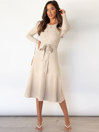 Women's Knit Midi Dress - Fit and Flare - Long Sleeve - Round Neck - Tie Waist Elegant Wear