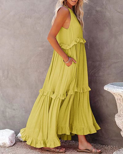 Women’s Maxi Dress – Relaxed Fit – Halter Neck – Ruffle Detail – Natural Fibers