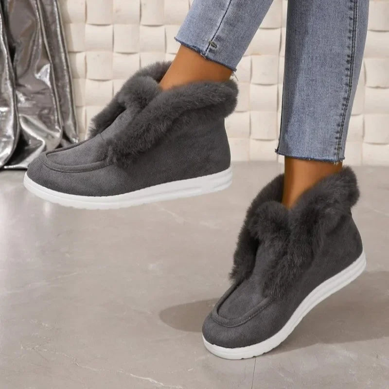 Women’s Slip-On Booties – Plush Trim – Suede-Look Upper – Ankle Length Cozy Fit