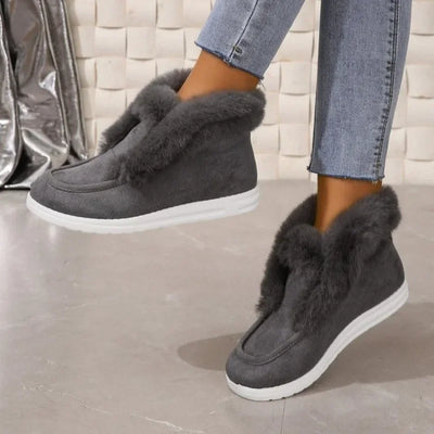 Women’s Slip-On Booties – Plush Trim – Suede-Look Upper – Ankle Length Cozy Fit