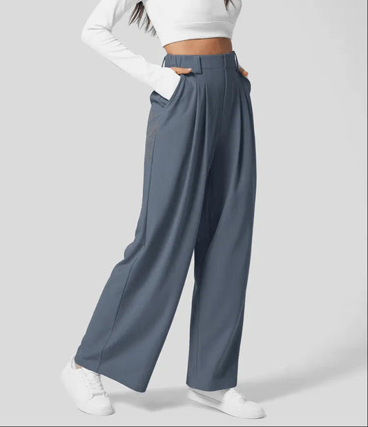 Women's Wide-Leg Trousers - High Waist - Tailored Fit - Pleated Design with Pockets