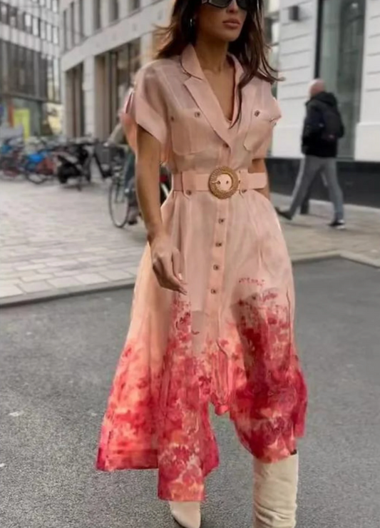 Women's Shirt Dress - Button Down - Short Sleeve - Belted Waist - Flowy Midi Length