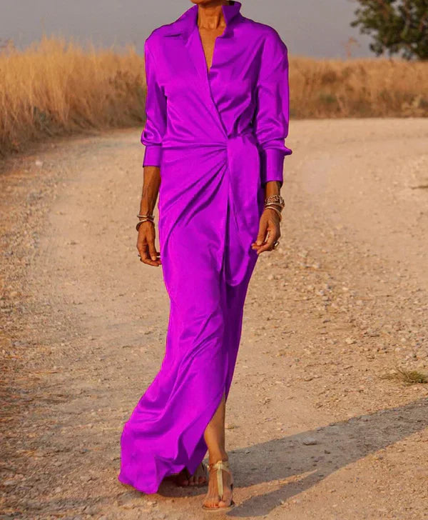 Women’s Maxi Dress – Satin Finish – Wrap Style – Collared – Ruched Waist – Long Sleeve