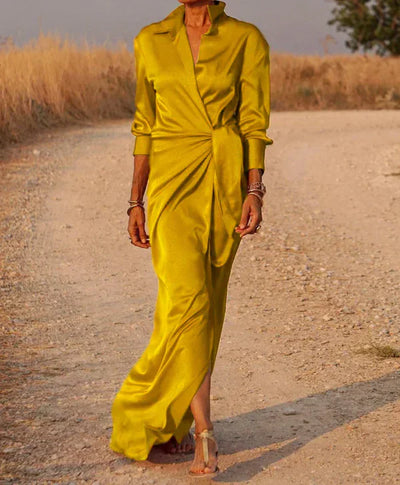Women’s Maxi Dress – Satin Finish – Wrap Style – Collared – Ruched Waist – Long Sleeve