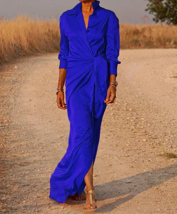 Women’s Maxi Dress – Satin Finish – Wrap Style – Collared – Ruched Waist – Long Sleeve
