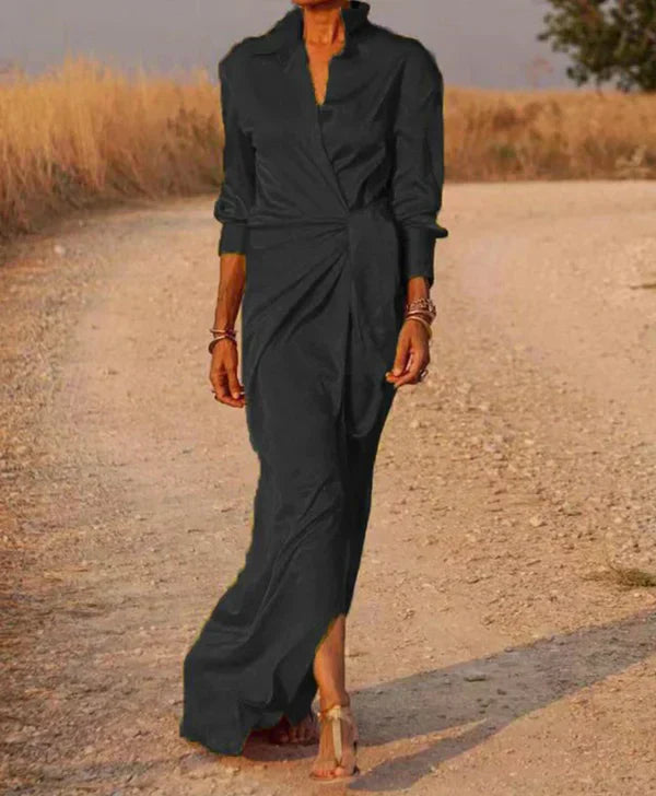 Women’s Maxi Dress – Satin Finish – Wrap Style – Collared – Ruched Waist – Long Sleeve